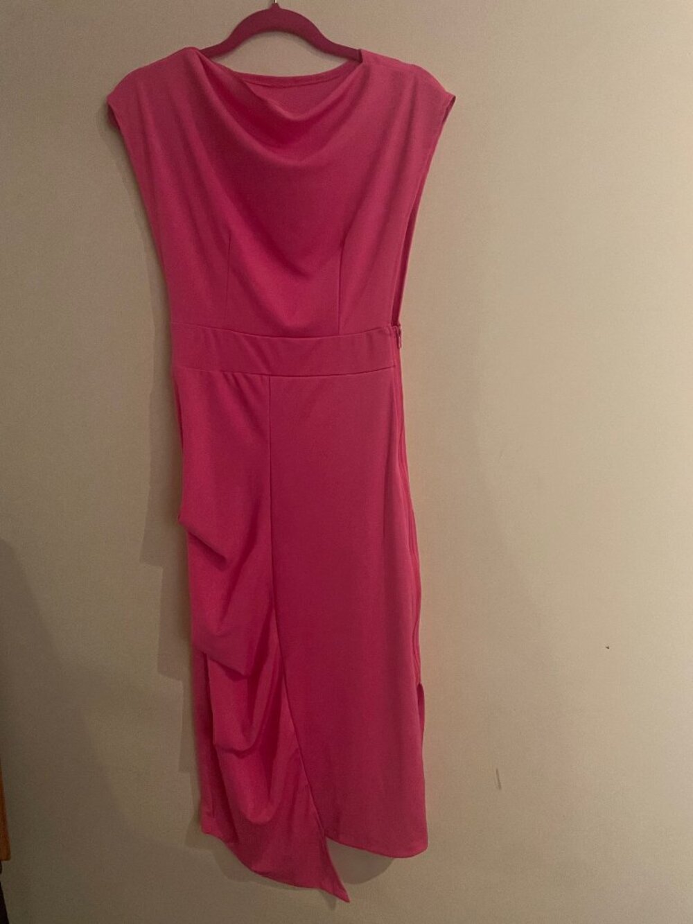 Unbranded Hot Pink Draped Cowl Neck Midi Dress Asymmetrical Ruffle